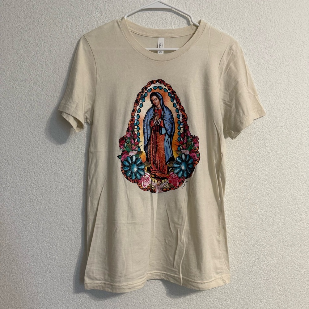 Catholic Our Lady of Guadalupe Virgin Mary Western Turquoise Cream Graphic Tee - Picture 2 of 5